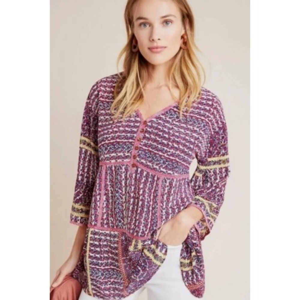 Maeve Anthropologie Women's Size SP Lilyana Tiered‎ Boho Tunic Blouse Top Silk